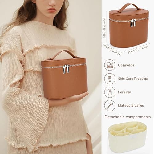 IEMIEBOAMGNOY Leather Make Up Bags With Compartments, Brown travel Cosmetic Bags for Women, Parallel Makeup Travel Bags Organizer Equipped With a Detachable Divider thumbnail 2