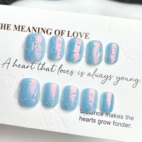 Summer Press on Nails Short Square Fake Nails Blue Chrome False Nails Press ons with Sea Waves Ocean 3D Design Glue on Nail Beach Matte Artificial Acrylic Nails for Women Girls Manicure Deco thumbnail 2