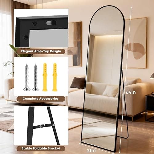 ZIHUASHENG 64"x21" Inch Full Length Mirror with Stand, Arched Aluminum Frame Wall Mirror & Freestanding Hanging Mounted Mirrors, Tempered Glass Full Body Mirrors for Bedroom, Living Room Decor,Black thumbnail 4