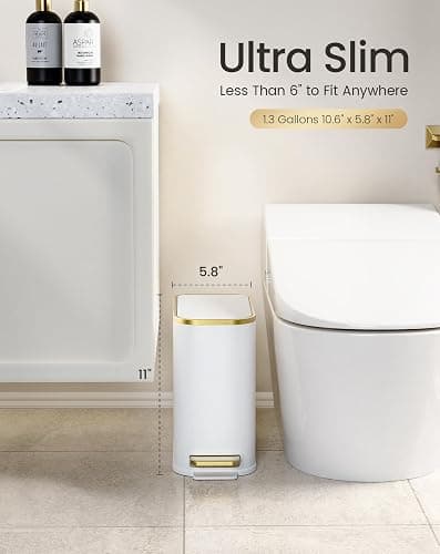 Cesun Small Bathroom Trash Can with Lid Soft Close, 5 Liter/1.3 Gallon Stainless Steel Garbage Can with Removable Inner Bucket, Step Pedal, Slim Waste Basket for Toilet, Office, Bedroom (White&Gold) thumbnail 3
