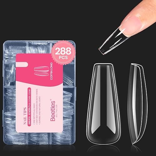 Beetles Gel Nail Tips Long Coffin Pre-Etched Nail Tips, 12 Sizes 288Pcs Pre Shaped Soft Gel Clear Nail Full Cover False Nail Tips Acrylic Glue on Nails Extension Fake Nails Manicure Gifts for Women - Image 1