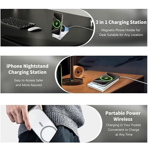 Wireless Charging Station, 3 in 1 Phone Charger Stand, Foldable MagSafe Charger for 17/16/15/14/13/12 Pros Plus, Watch Ultra, Airpods, Magnetic Travel Charging Station with 20w Adapter (White) thumbnail 3