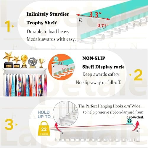 Non-Slip Trophy Shelf,Trophy and Medal Display Shelf, Medal Hanger Display For Wall with 16inchL,Shelves For Trophies medal display Upgraded Medal Holder display For gymanstics,race,soccer,swim thumbnail 6