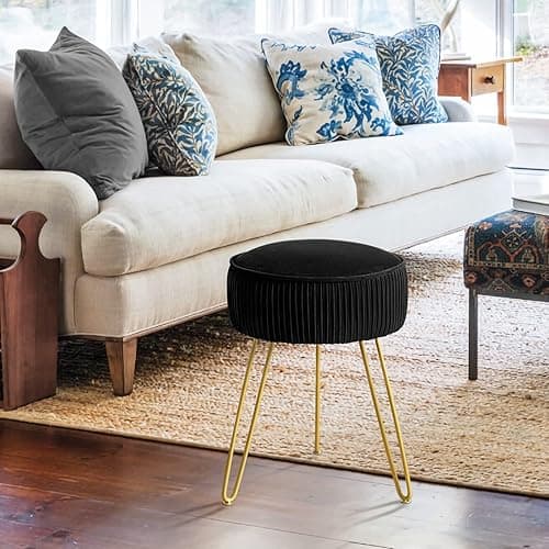 LUE BONA Pleated Vanity Stool, Velvet Upholstered Vanity Stool for Makeup Room, Ottoman Footrest with Metal Legs for Living Room, Bedroom, Black thumbnail 5