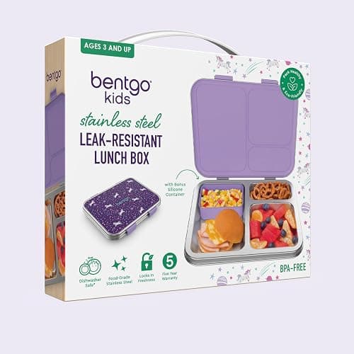Bentgo Kids Stainless Steel Prints Leak-Resistant Lunch Box - 3-Compartments with Bonus Silicone Container, Durable, Eco-Friendly, Dishwasher Safe, BPA-Free, Ideal for School, Ages 3+ (Unicorn) thumbnail 9