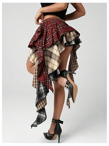 SOLY HUX Women's Plaid Skirt Y2k A Line Layered Asymmetrical Hem Ruffle Mini Skirts with Shorts Underneath thumbnail 2