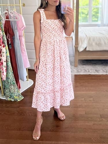 Imily Bela Womens Summer Floral Boho Dress Tie Strap Square Neck Smocked Ruffle A Line Beach Long Maxi Dresses thumbnail 6