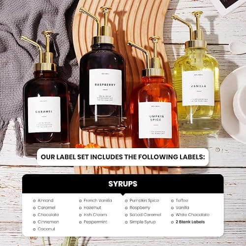 Molimoli Coffee Syrup Dispenser for Coffee Bar, Coffee Pump Dispenser, Glass Syrup Bottle w. Pump, Maple/Coffee Syrup Bottles, Set of 4 w. Labels, Gold thumbnail 6