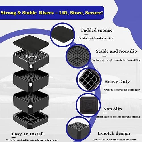 Bed Risers Heavy Duty, Adjustable Furniture Riser Blocks Lift 1.5, 3, 4.3 inches for Couch Table Desk Sofa Chair Legs, Refrigerator, Washing Machine - Support up to 4000 lbs (Black 4 Pack, 4.3 inch) thumbnail 3