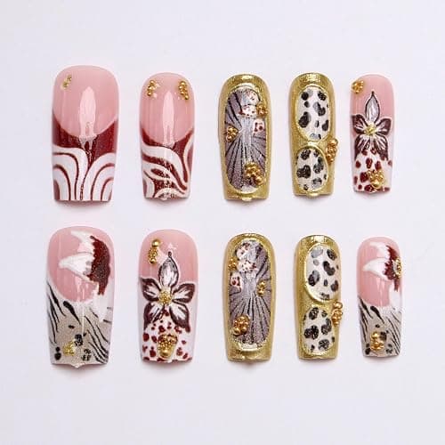 Medium Square Press on Nails Fake Nails Artificial Nail Stick on Nail for Women, Leopard Flower & Line Patterns with Gold Glitter thumbnail 2