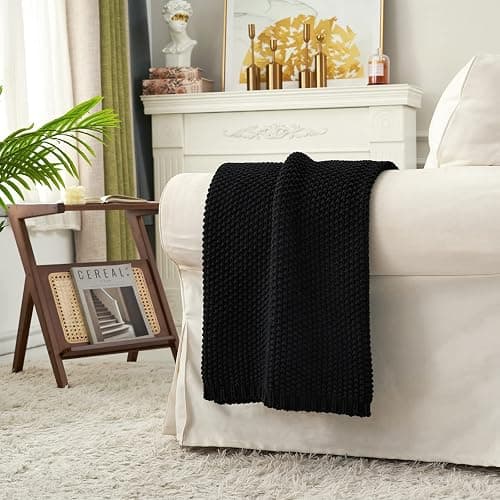 Chunky Cable Knit Throw Blanket Lightweight Black 100% Organic Cotton Blanket for Sofa Couch Bed Baby Nursery, Rustic Shabby Chic Modern Farmhouse, 60” x 80” Give Laundering Bag thumbnail 3