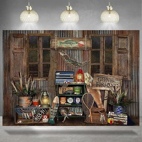 Rustic Wood Gone Fishing Photography Backdrop Fisherman Fishing Gear Background Fish Theme Party Birthday Party Decoration Child Portrait Photo Studio Props (7X5FT) thumbnail 5