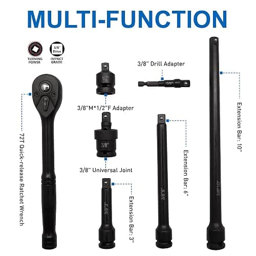 MacWork 67 Pieces 3/8“ Drive Impact Socket Set, SAE and Metric Sockets, CR-V & CR-Mo, Complete Socket Set with Shallow, Deep & Swivel Sockets, Includes Ratchet, Extension Bars & Adapters thumbnail 2