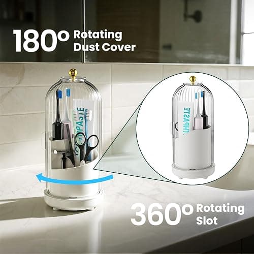 Toothbrush Holders with Cover, Rotating Toothbrush Holder, with Dustproof Transparent Cover and Drainage, Multi-Purpose Storage for Bathrooms, Makeup Brushes, for Students, Office & Vanity Use thumbnail 5