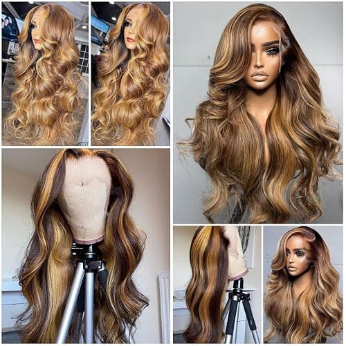 QUANDIAN 28 Inch 13x6 Body Wave Highlight Ombre Lace Front Wig Human Hair 13x6 HD Lace Front Wigs Human Hair 180% Density P4/27 Colored Wigs Honey Blonde Glueless Wigs Human Hair Pre Plucked Pre Cut thumbnail 2