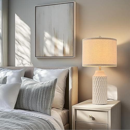 22IN Modern Ceramic Table Lamp Set of 2 White Lamps for Living Room Tall Bedroom Lamp Set Bedside Nightstand Lamps Set of Two Farmhouse Rustic Side Table Lamps for End Table Beige Desk Lamps thumbnail 5