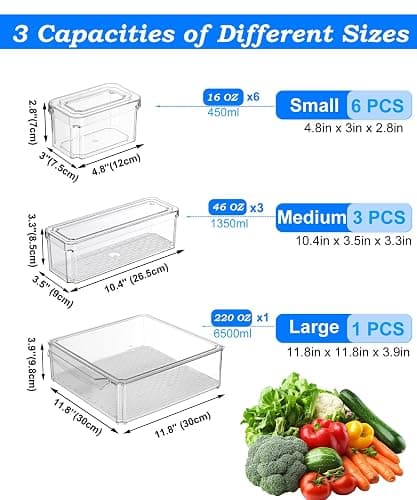 Pure Future 10-Pack Fridge Organizers and Storage with Lids - Clear Plastic Refrigerator Bins with Drain Trays - Stackable Produce Saver for Fruit, Veggies and Pantry, BPA-Free thumbnail 2