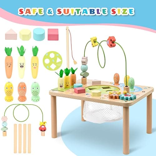 wingyz Activity Table, 6 in 1 Wooden Montessori Activity Center with Bead Maze Shape Sorter Fishing Game, Kids Sensory Play Table Toddler Toys 1st Birthday Gifts Boy Girl(Morandi-Square) thumbnail 6