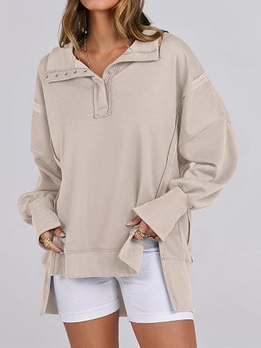 ANRABESS Women's Sweatshirts Oversized Casual Loose Button Up Henley Pullover Top High Low Split 2025 Fall Fashion Outfits thumbnail 3