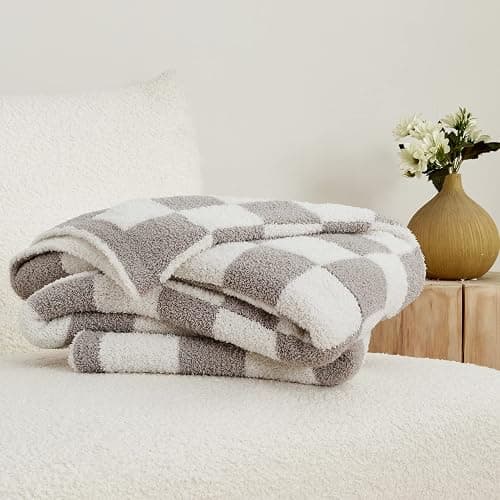 CozeCube Super Soft Fullfy Microfiber Reversible Knitted Blankets, Warm Cozy Fuzzy Plush Throw, Grey and White Checkered Throw Blanket for Couch Bed Sofa, 60" x 80" thumbnail 7