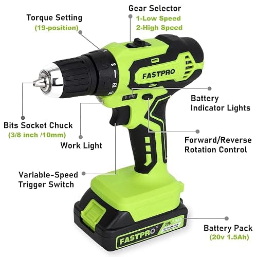 FASTPRO 177-Piece 20V Cordless Lithium-ion Drill Driver and Home Tool Set, Household Repairing Tool Kit with Drill in Storage Case, Green thumbnail 9
