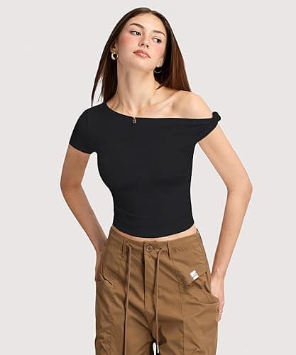 Curvphilo Women Summer Off Shoulder Tops Y2K Going Out T Shirts Double Lined Crop Top Fashion Clothes Trendy Outfits thumbnail 3
