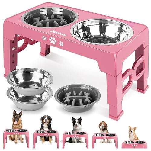 Jovrun Elevated Dog Bowls, Dog Feeder with Stainless Steel Dishes & Slow Feeder Bowl, 5 Heights Adjustable Raised Stand for Medium Large, Food Dishes with Non-Slip Feet - Image 1
