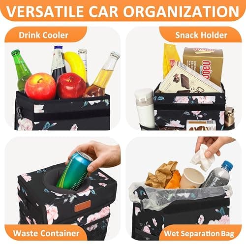 Vankor Car Trash Can with Lid Leak Proof Car Accessories for Women | 2.2 Gallon Cute Hanging Car Trash Bin for Men Car Truck Vehicle Sedan Interior Automotive Garbage Cans, Black Floral thumbnail 6
