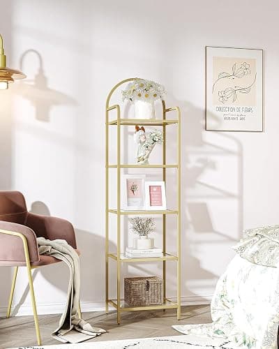 Hzuaneri Bookcase Bookshelf, Tempered Glass Bookshelves, Slim Shelving Unit for Bedroom, Bathroom, Home Office, Steel Frame, 5 Tier Gold BC05001G thumbnail 9