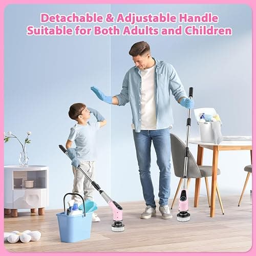 Electric Spin Scrubber, Cordless Cleaning Brush, Shower Scrubber with 8 Replaceable Brush Head, Power Cleaning Brush with Extension Handle, 2 Adjustable Speed, for Bathtub Tile Floor (Pink) thumbnail 5