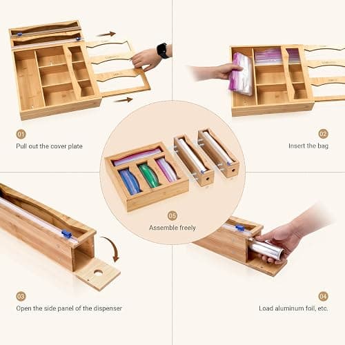 6-in-1 Bamboo Kitchen Drawer Organizer for Storage Bag, Foil & Plastic Wrap thumbnail 3
