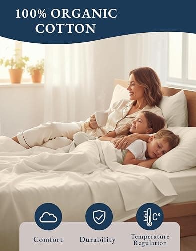 LANE LINEN 100% Organic Cotton Queen Sheets, 4Pc Cotton Sheets Set, Classic Percale Weave Bedsheets Queen Size Bed, Soft Breathable Sheet & Pillowcase Sets, Deep Pocket 15" - Natural thumbnail 7