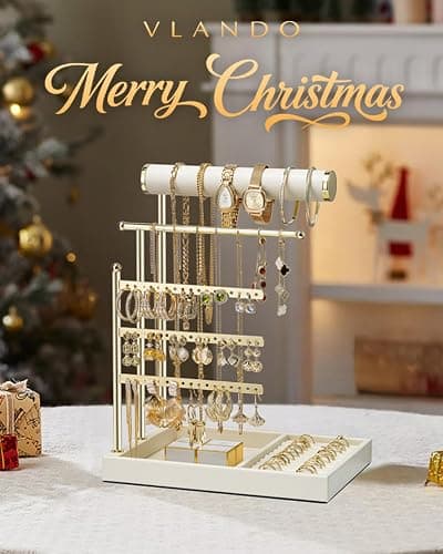 Vlando Jewelry Stand Organizer with Ring Holder, Jewelry Holder Organizer with Tray, Necklace Bracket Earring Holder - Cloud White thumbnail 3