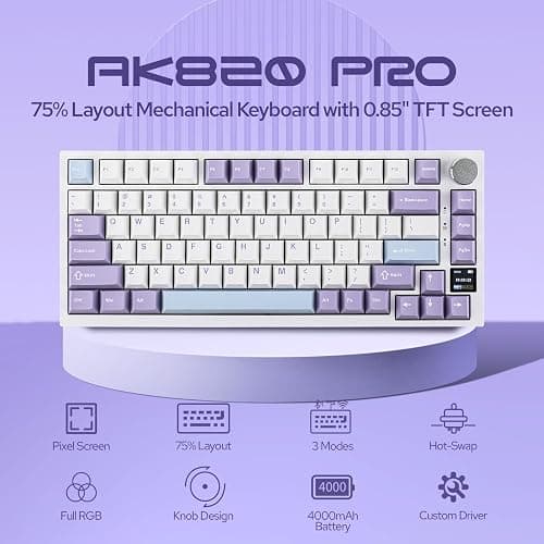 EPOMAKER Ajazz AK820 Pro 75% Wireless Mechanical Keyboard with TFT Smart Display&Knob, Gasket-Mounted Gaming Keyboard, Bluetooth/2.4GHz/USB-C Wired (Purple, Gift Switch) thumbnail 2