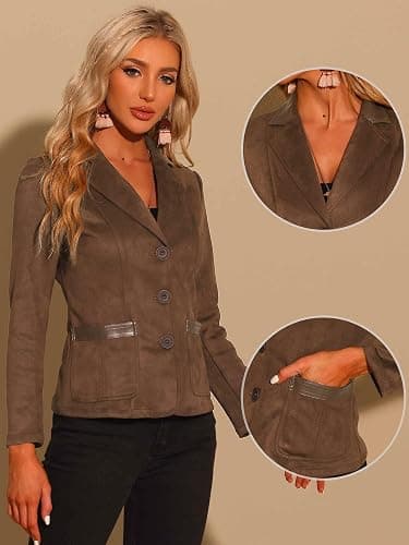 Allegra K Faux Suede Blazer for Women Lapel Collar Button Front Long Sleeve Jacket Casual Office Wear thumbnail 2