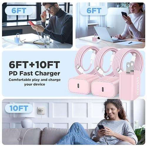 Fast Charging for iPhone 15 16 Pro Max Charger Colorful, 3Pack 20W USB C Fast Chargers Block with 6/6/10ft Long USB C to C Braided Cable Compatible with iPhone 16/15 Pro/15 Plus/iPad Pro 13/12.9,Pink thumbnail 6
