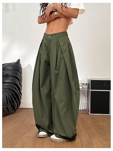 GORGLITTER Women's Baggy Barrel Pant Low Rise Pleated Cargo Oversized Wide Leg Business Dress Casual Trousers thumbnail 2