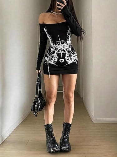 SOLY HUX Women's Off The Shoulder Y2k Mini Dress Gothic Grunge Long Sleeve Bodycon Dresses Party Clubwear thumbnail 5