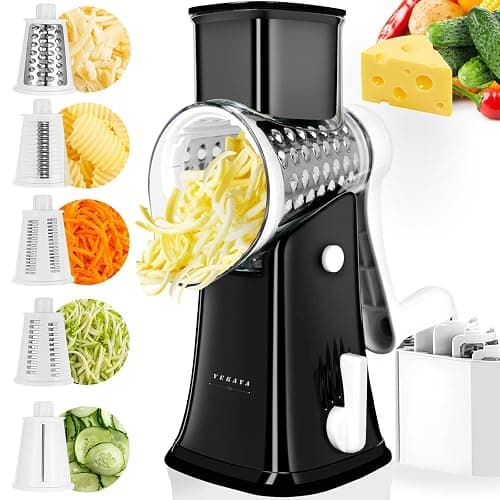 VEKAYA Cheese Grater, Cheese Grater Hand Crank, 5 in 1Replaceable Stainless Blades Rotary Cheese Grater, Mandoline Vegetable Slicer, Easy to Clean Cheese Shredder with Storage Box - Image 1