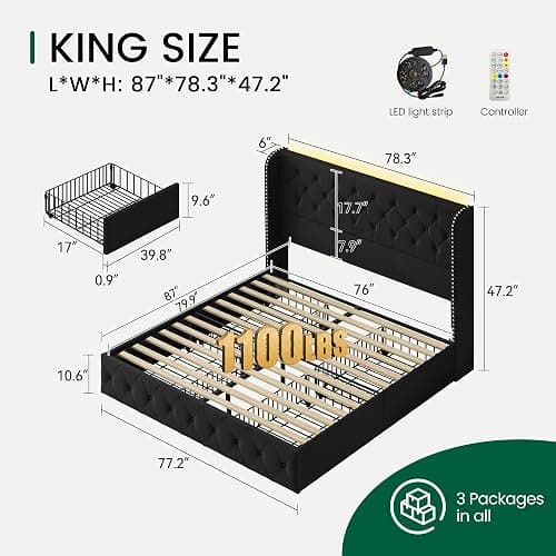 LARMACE King Size Bed Frame with LED Lights and 4 Storage Drawers Velvet Upholstered Platform Bed Frame with 47.2" Tall Tufted Headboard Wingback, No Box Spring Needed, Easy to Assemble, Black thumbnail 2