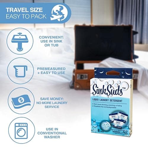 SinkSuds Laundry Detergent, Travel Size Liquid Soap, TSA Compliant, Safe For All Fabrics, 8 Packets (Packaging May Vary) thumbnail 3