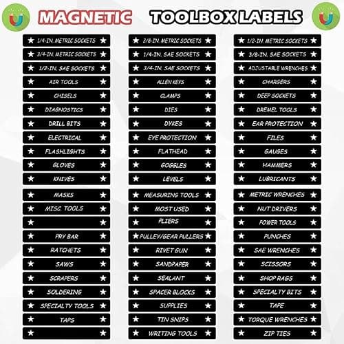 Tenare Toolbox Organization Magnetic Labels - 66 Pcs Steel Tool Chest Drawer Labels (4.5x0.75) |Magnets, Quick & Easy Organizer | Fits All Brands, Cabinets & Tool Boxes(Black) thumbnail 3