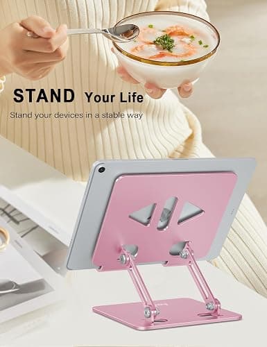 Aoviho Tablet Stand Holder for Desk, Adjustable Desktop Tablet Holder, Foldable Aluminum Tablet Mount for iPad pro 12.9, iPad Air Mini, Samsung Galaxy Tabs Z Fold Kindle Fire,4-12 inch, Rose Gold thumbnail 2