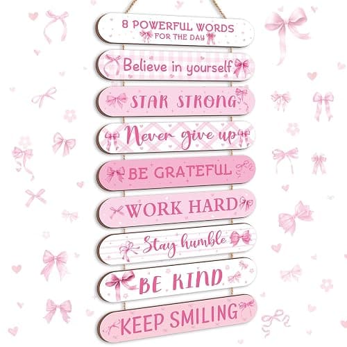 Beeveer Pink Coquette Bow Inspirational Wall Art Decoration Wooden Pink Coquette Party Hanging Sign Positive Quotes Wall Sign Gifts Supplies for Home Living Room Bedroom Bathroom Classroom Gym - Image 1