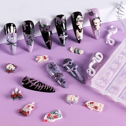 Laza 4pcs Gothic Silicone Nail Art Molds 3D Skull Rose Shaped Nail Molds | Reusable Nail Mold for Nail Art,Good Elasticity,3D Nail Mold, 3D Snake Bones Cross Collar Nail Accessories with Scraper & Pen thumbnail 4