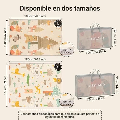COSYLAND Alfombra Bebé Acolchada Plegable XPE Reversible, Tapete de Juegos Infantil Antideslizante e Impermeable para Suelo, Colchoneta Bebé, Animales Dormidos, Zorro y Oso Pardo, 150 x 180 x 1 cm thumbnail 3