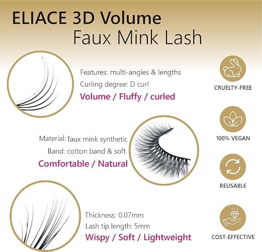 Eliace False Eyelashes Natural look Cat Eye Lashes Wispy Strips 3D Mink Lashes 13MM,15 Pairs Fake Eyelashes Faux Fluffy, Winged Fox Eyelashes, Soft Thin Band Comfortable Reusable False Lash Rosa Style thumbnail 6