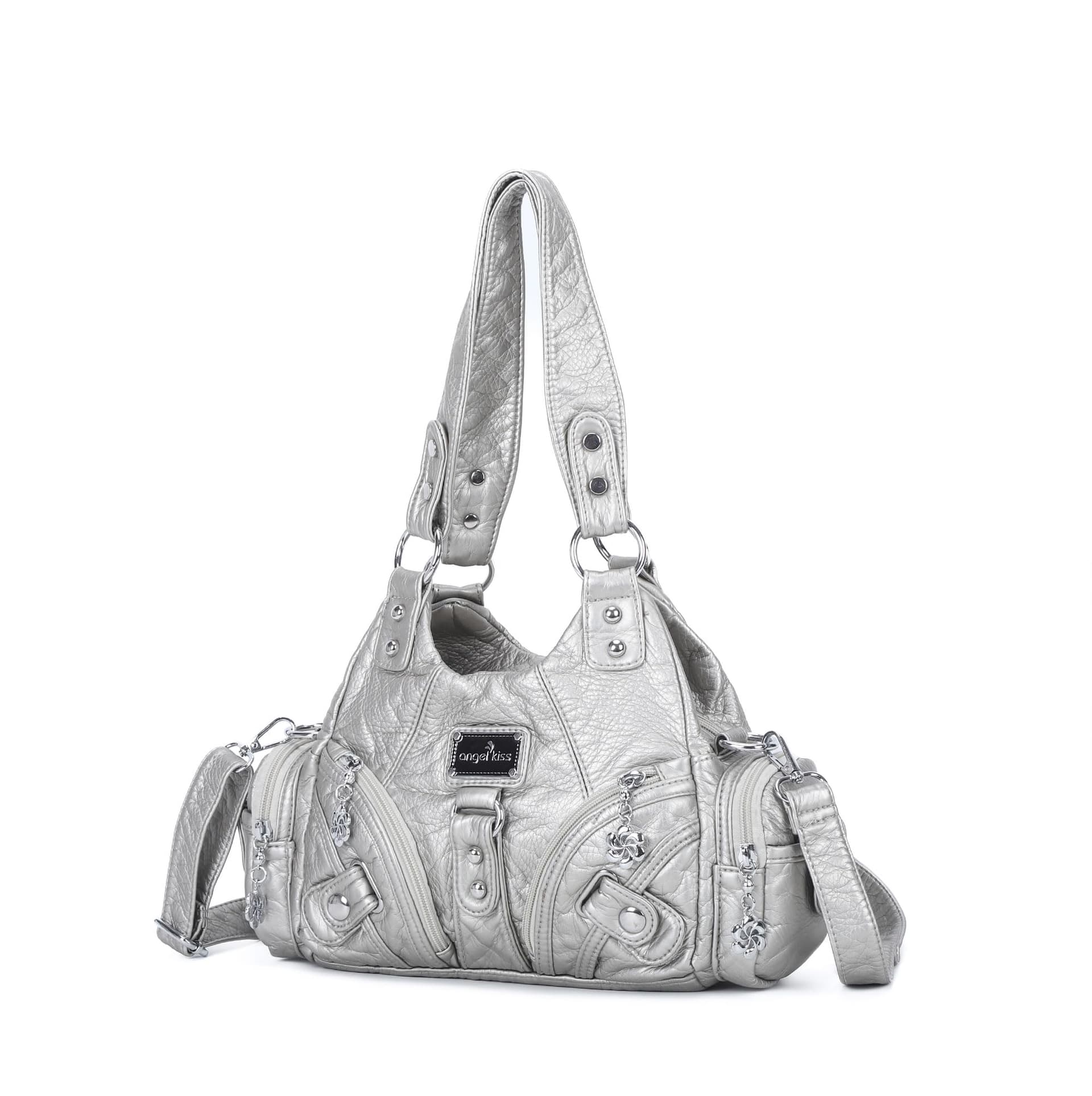 Angel Kiss - Bolsos de hombro pequeños para mujer, bolso de mano de piel vaga, varios bolsillos con cierre - plateado thumbnail 8
