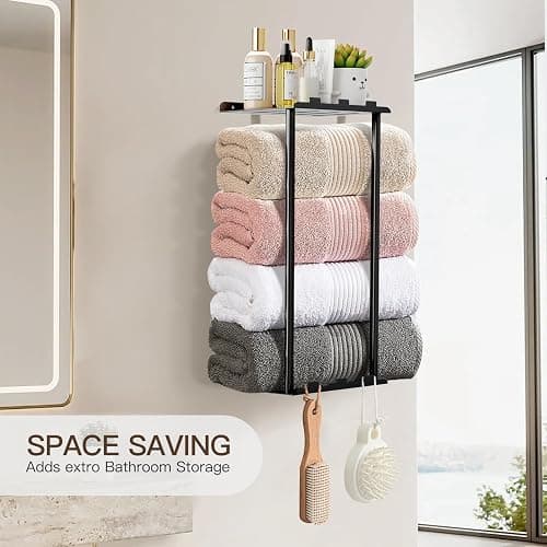 KISENG Towel Racks for Bathroom Towel Holder with Shelf & 6 Hooks,Space Saving Vertical Hanging Towel Rack, Sturdy Metal Wall Mounted Towel Storage Rack for Rolled Towels Organizer - Black - 14.76 Inch/2 Tier thumbnail 5