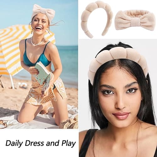 VELSCRUN 6 Pack Spa Headband, Makeup Headband, Face Wash Headbands, Skincare Headbands, Brown Sponge Hair Band Bow Tie Spa Head Band for Washing Face Wristband Set Hair Accessories for Women thumbnail 6